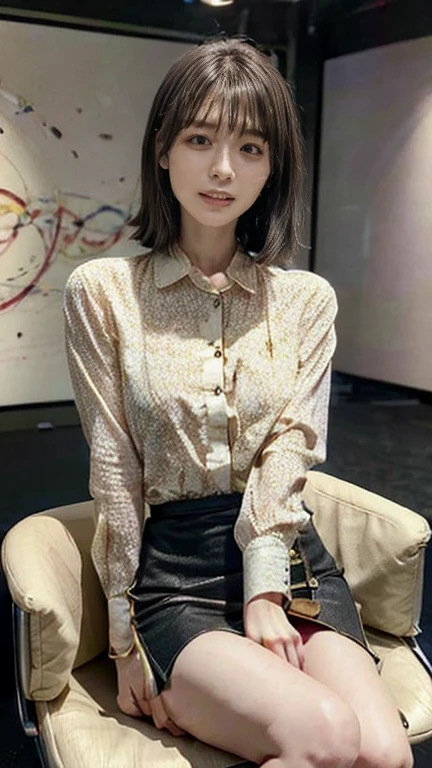 (top quality, high resolution, masterpiece), women in their 20s, amazingly cute, tall and cute women, slender abs, dark brown hair styled with straight hair, chest, thighs, wearing pendants, button-up blouse, skirt, (cityscape in the background), exquisitely rendered details on face and skin texture, detailed eyes, double eyelids, upper eye use, slouch, blush , The feeling of looking into this, leaning forward, looking up, whole body,