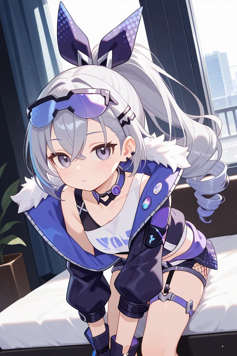 <lora:silver_wolf:1>,1girl, breasts, solo, gloves, eyewear_on_head, black_jacket, jacket, navel, sitting, black_shorts, shorts, long_hair, cleavage, shirt, fingerless_gloves, grey_hair, grey_eyes, fur_trim, open_jacket, looking_at_viewer, black_gloves, fur-trimmed_jacket, off_shoulder, midriff, parted_lips, bangs, sunglasses, blush, ponytail, hair_between_eyes, crop_top, medium_breasts, short_shorts, heart, white_shirt, thigh_strap, open_clothes, stomach, feet_out_of_frame, bow, hair_bow