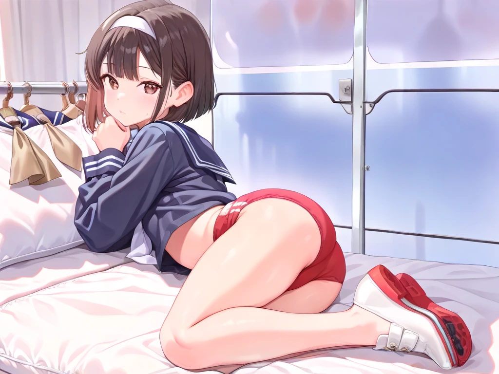 16 year old female soldier、Underwear is visible、White underwear、blush、Spreading legs、incontinence