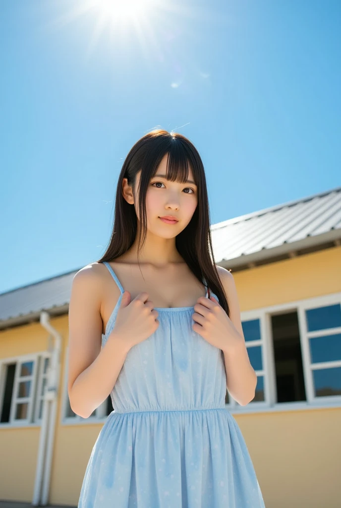 1girl, 15-years-old, the most famous Japanese idol, (extremely cute face like the most popular Japanese idol, ((extremely cute and extremely big eyes)), extremely beautiful hair), (cowboy shot, dynamic pose, upturned ass), (wearing white long summer-dress with cute-design), standing on extremely beautiful summer-beach, (Best-quality, Masterpiece, Ultra-High-Resolution, (Photorealistic:1.4), Raw Photo, depth of field, professional lighting, perfect anatomy, extremely details)