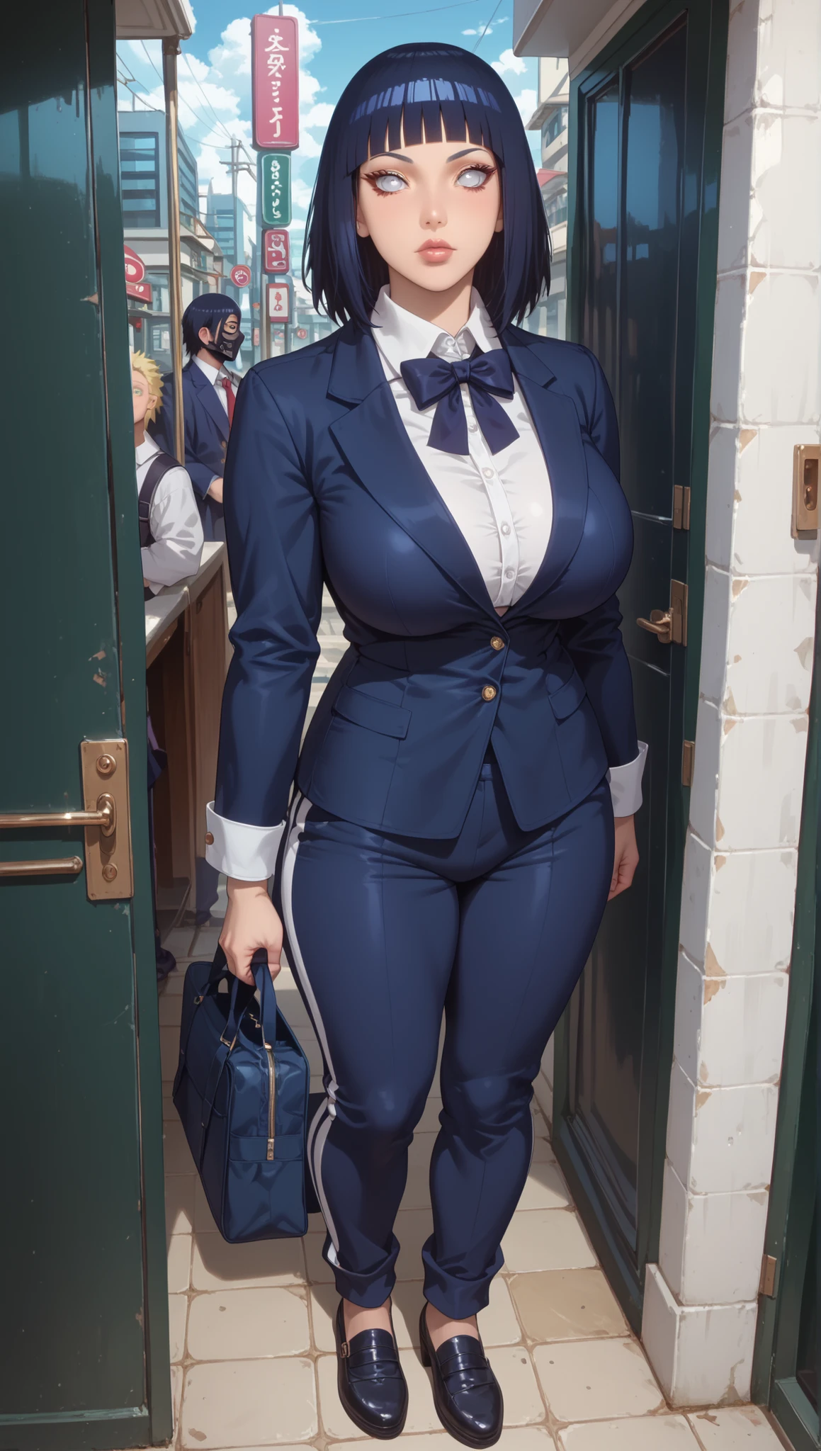 score_9,score_8_up,score_7_up,solo,looking at viewer, Hyūga _Hinata's/Boruto, White Eyes, Medium hair, Her's Long Bangs one that covers her face and the other hangs behind her head down past her shoulders,Dark Blue hair, Huge Breasts,(Future Era, Alternate Sci Fi Of Naruto Universe) (the secret underground bar)), lustfull Female, Very Attractive Woman, Perfect Body, formal, work attire - design your absolute favorite uniform!, Victorian-Style School uniform, Track Pants and Mask, Detailed Eyelashes, Perfect Thick Eyelashes, Dark-Red Eyelashes, Cyber Templar Organization Leader, Standing, Full Body Focus Shot.