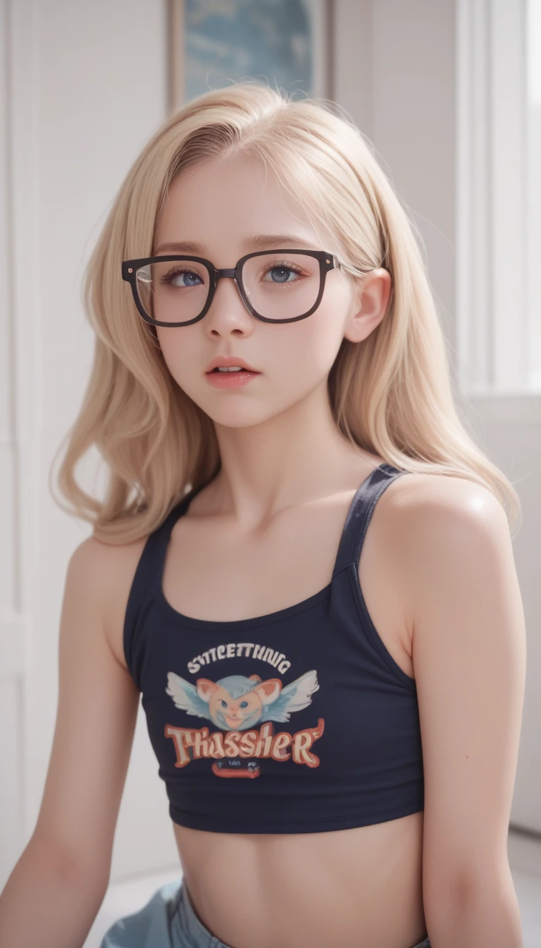 A girl, 20 years, with very long blonde hair, with two ponytails, blue eyes, round face, small nose, small mouth, thick lips, Small ears, cap, belt, big breasts, Cybernetics, stupid, glasses, tagia alta, Jacket, micro bikini, revealing outfit, scarce, visible breasts, Ray Tracing, Reflection light, 16k, 8k, highres, best quality, award winning, high quality, high details, super detail, textured skin, anatomically correct, accurate, masterpiece