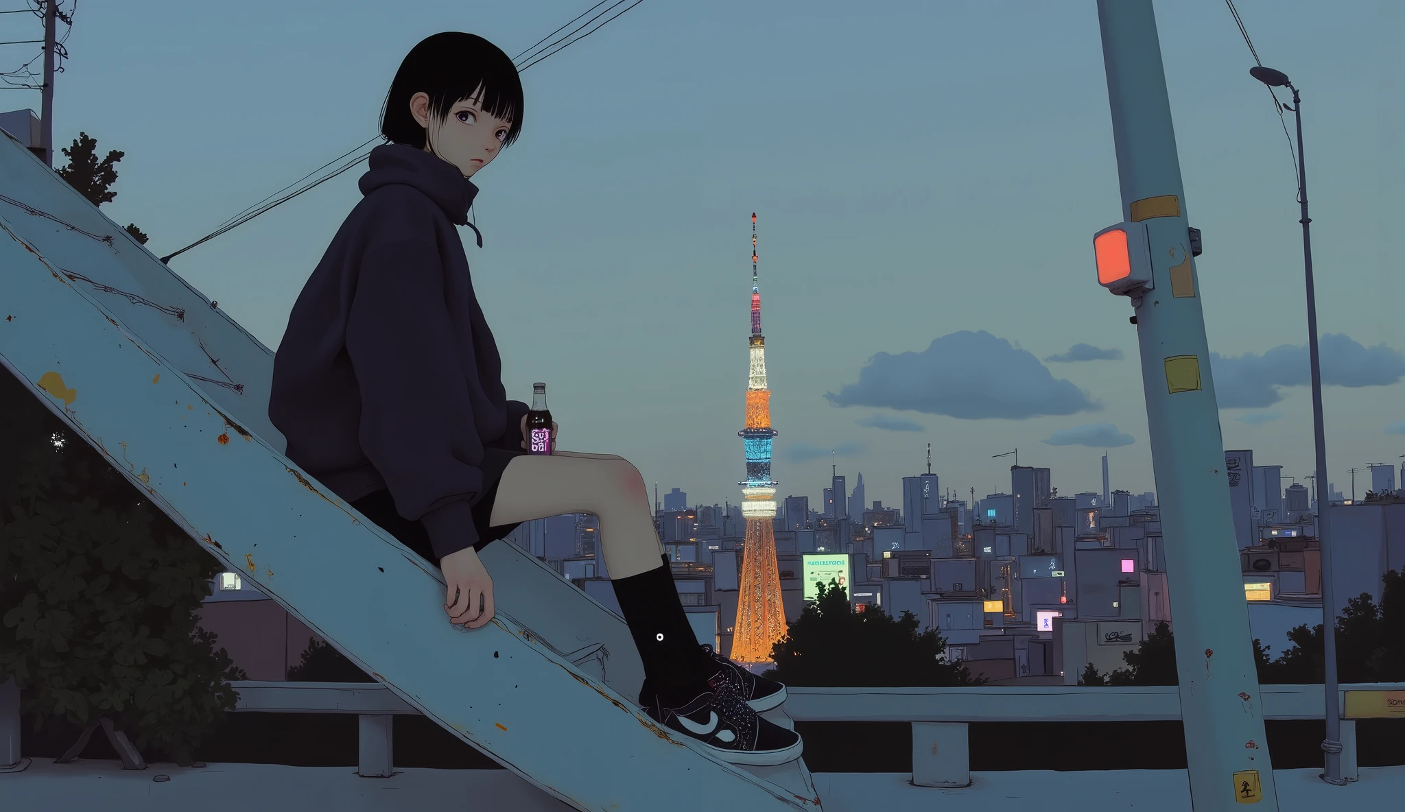 surrealism , artwork for drawing, 8K quality, Girl drinking cola, Moonlight Tokyo Street、 Tokyo Tower , Girl sitting with legs open on a park slide, uniform, Nike sneakers 、 anatomically accurate、