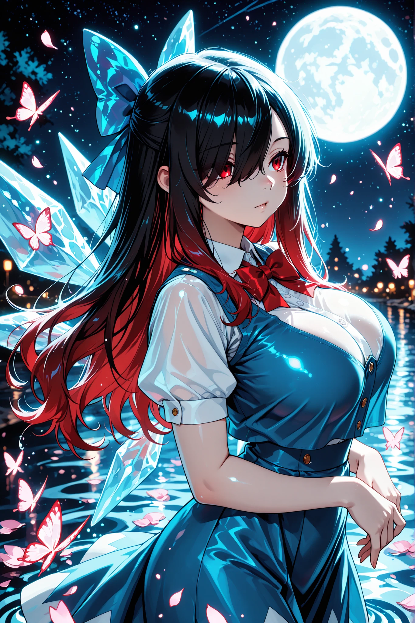 1 girl, Kuroki Monika, red eyes, gradient hair, black hair, red hair, long hair, asymmetrical hairline, hair over right eye, ((large breasts)), (petite but curvy), very cute, lovely, solo, standing, cirno, white shirt, white sleeves, short sleeves, blue plain vest, blue skirt, red string bowtie, ice wings, ice crystals floating on each side three symmetrically, raise both arms diagonally upwards, a butterfly flies on a hand, night, starry sky, (a big shining beautiful moon), flying fantastic glowing purple butterflies, knee-deep water, reflective water, shining water, blue nemophila floating on the water surface, flying hair, flying skirt, flying water droplets, flying mysterious light particles, flying mysterious flower petals, from side, look away, look above, cowboy shot, fantastic, memorable, anime, high-detail, 8k, high quality, best quality, masterpiece, best quality, very aesthetic, absurdres, detailed background, Maximum facial details, Maximum detailed textures, Maximum detailed shadows, Maximum detailed backg,shining eyes, Beautiful color palette
