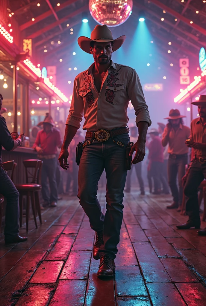 A young skinny white sexy handsome seductive stiper man with little clothes dancing at a cowboy party cute man while all the men look at him