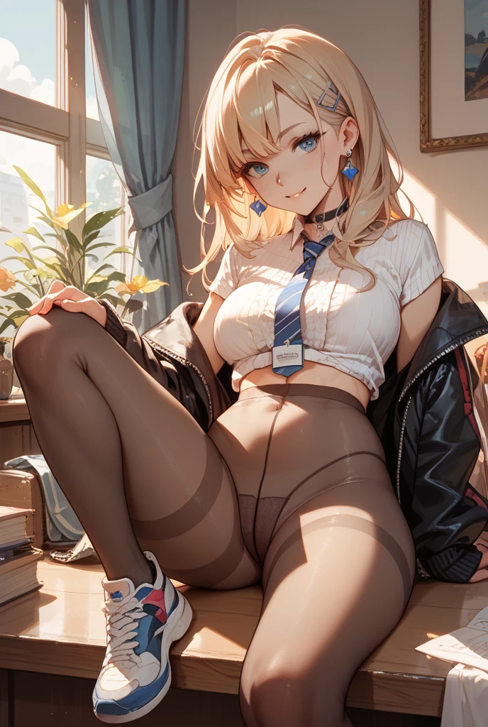 (8K、best image quality、highest quality、masterpiece)、detailed face、1 girl、((blonde))、short hair、wavy hair、golden eyes、earrings、((((brown skin))))、((((tanned skin))))、grin、Moderate chest、((((Unbuttoned school uniform))))、short sleeve、((black bra))、necklace、(((black lace bra)))、(black lace panties)、((panties under black pantyhose))、(belly button)、sit on the desk、((spread your legs))、classroom background
