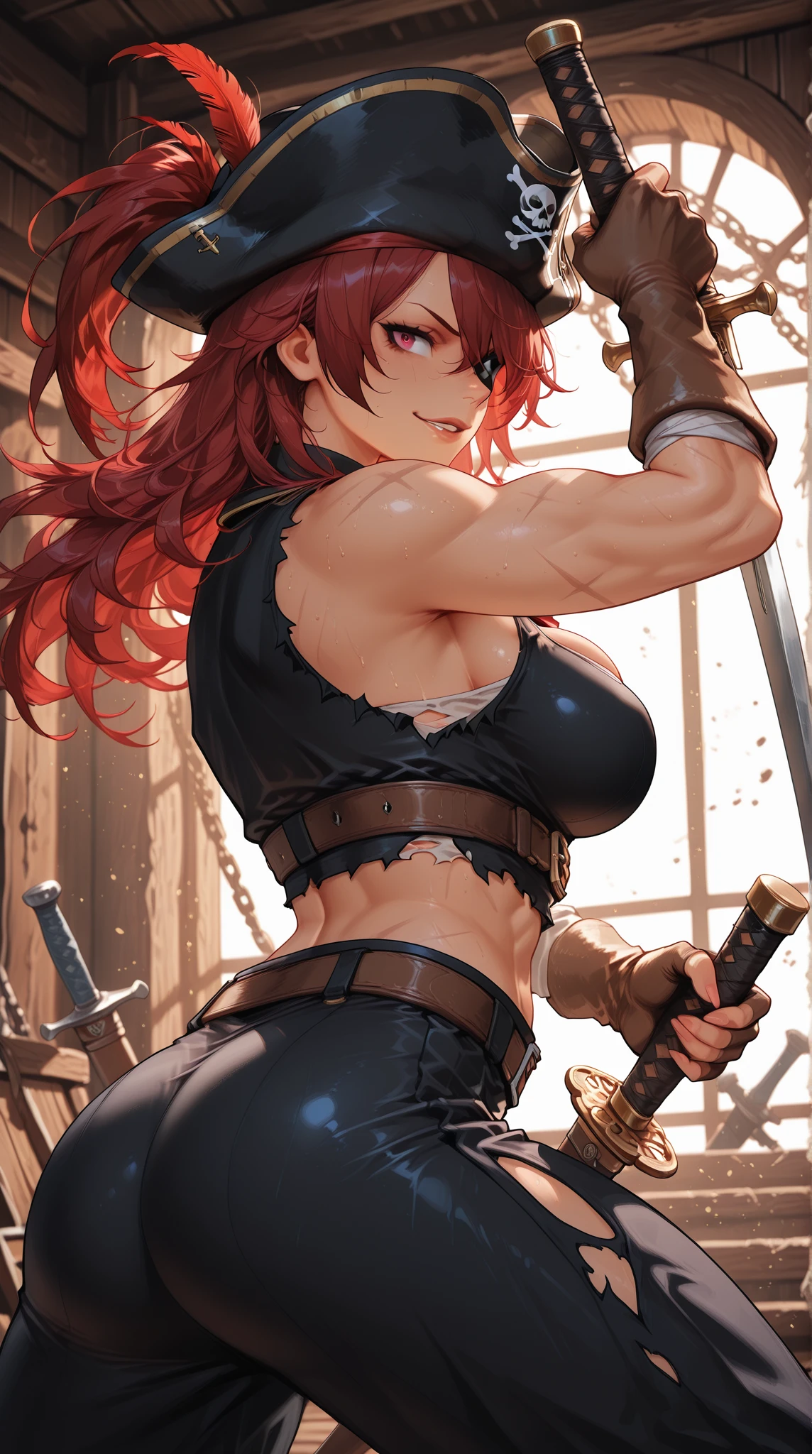 from_side angle,a pirates girl that holding dagger weapon with short hair and abs muscular the image is upper body of her with ultra detailed quality and intricate complex detail