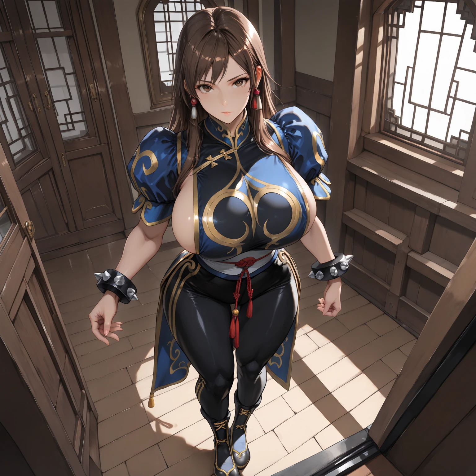 solo, master piece, best quality, ultla detailed, high resolution, 8K, extremely detailed face, anime, NSFW, gore, violence, solo, bound to chair, restrain, tied with rope, ((Shibari, arms behind back:1.4,crotch rope:1.4)),((rope restraint)), hair buns, covered buns, chinese dress, qipao, blue outfit, spiked bracelets, puffy sleeves, brown pantyhose, white belt, white boots, torn clothes, chunli, sf2 chun, 36yo, mature, frightened, abused, swollen her cheek and forehead, bitting wound on face, beaten up, bumped, wounds on body and face, bruise, (wounds on body and face:1), blood splattered face, beaten face, (((swollen nose and cheek:1.1))), ((bruised on face:1.2)), (((eye swollen almost shut:1.5))), bitting wound on skin, drooling, vomit, (feel exhausted after torture), teardrop, sweatdrop, torture, prison, bondage,