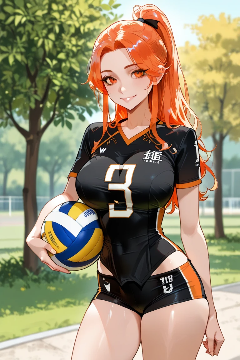 Masterpiece: 1.2, best quality), realistic, (real picture, intricate details, depth of field), (1girl, solo), makeup, parted lips, high detail, perfect face, (huge breasts: 1.4), (skindentation ), Thick Thighs, Wide Hips, Thin Waist, Tall, Coral Lips, Red Hair, Red Eyes, Ponytail, (Girl Playing Volleyball, White Volleyball Uniform), (Sweating: 1.2), (Wet), Sexy, Blushing,