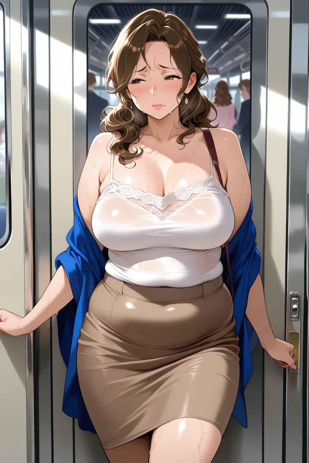 mature woman,modest mature housewife,round glasses,dark brown hair,at train,mature curvy body,straight hair,easy-going face,navy shirt blouse,sweaty,gray skirt,troubled smile,hyperrealistic,(groped,molested)