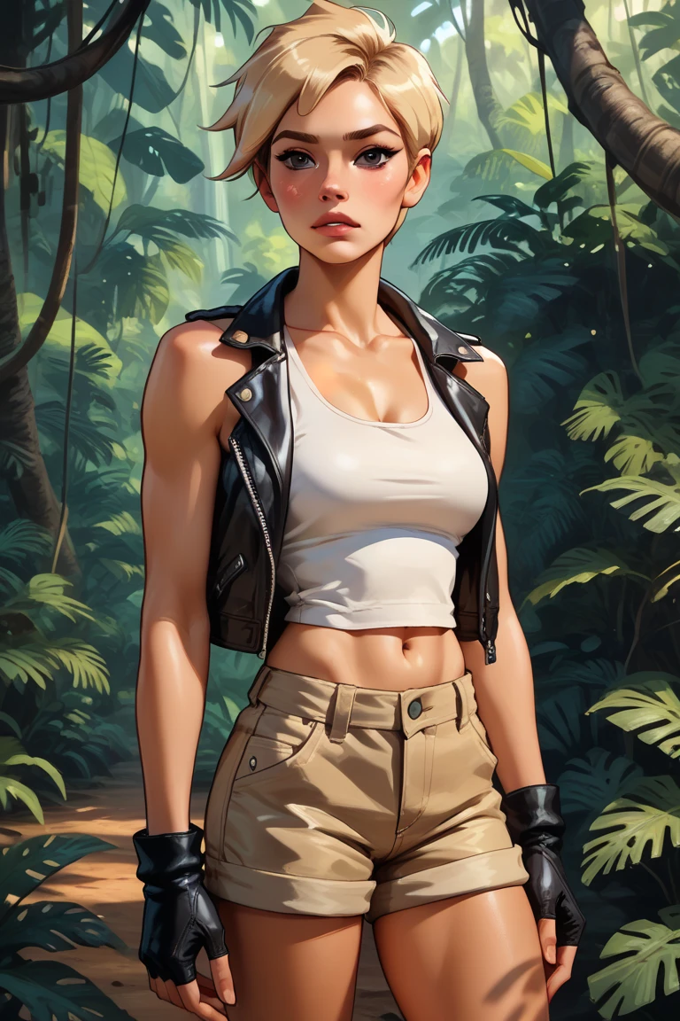 Karen Gillan, masterpiece quality, (masterpiece quality:1.5), high res, realistic, lots of detail, alone, 1girl, (1girl:1.9), solo, (solo:1.9), in a jungle, ancient ruins in background, wearing red blouse, midriff, (midriff:1.5), wearing khaki cargo shorts, short hair, thin body, small breasts, (small breasts:1.5),