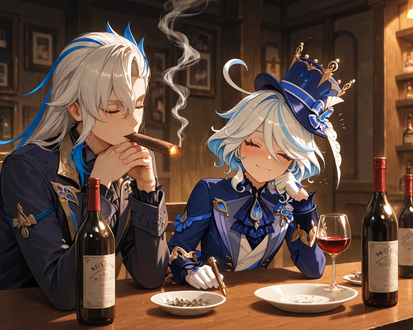 drinking beer, glass up chin up,   Quality_masterpiece, Anatomically correct, Beautiful face, Perfect face, Highly detailed beautiful face and eyes, Attractive face, Detailed face, Delicate facial features,, furina and neuvillette having a good conversation in a bar, low light, atmospheric illumination, bottles of wine in the table, peanuts on the table, furina is drunk, furina_\(genshin_impact\), red cheeks, drunk bubbles in her head, 5 fingers 