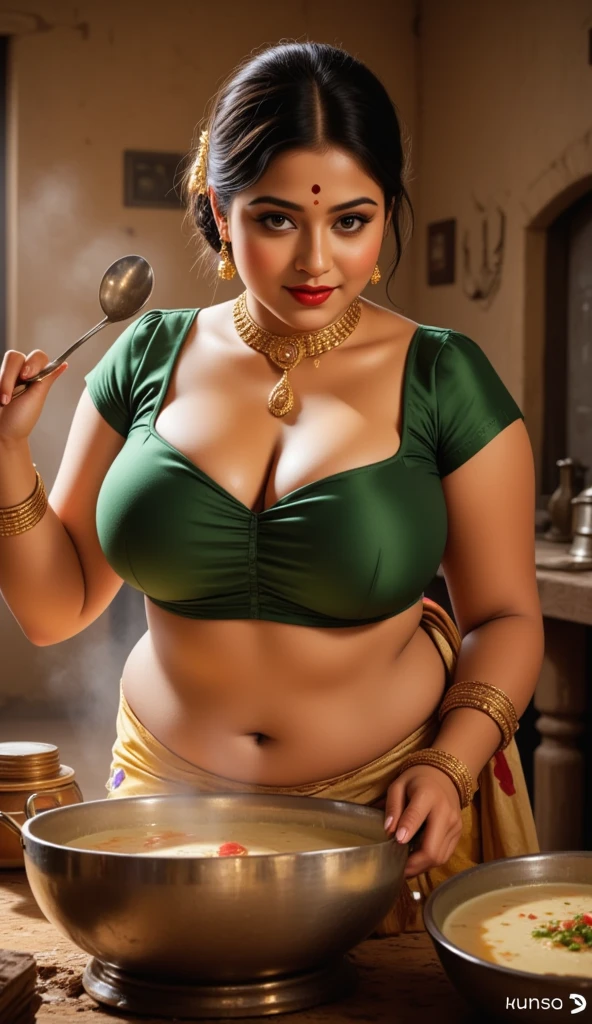 beautiful indian woman making pottery on a pottery wheel, wearing a sexy colorful sari, chubby curvy figure, detailed face, long eyelashes, intricate jewelry, clay covered hands, pottery studio interior, warm lighting, highly detailed, photorealistic, 8k, masterpiece