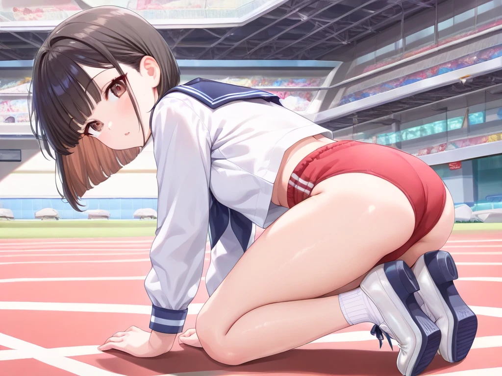 (high quality1.4), (finely detail:1.4),nsfw, 1 girl, megumin, brown hair, short hair with long locks, red eyes, (small breasts), (erectile nipples), ((shining pink cheerleader)), ((pleated skirt)), cameltoe, anus, smile,((very bright stadium:1.4)), ((solo)), (masterpiece, best quality, 8k:1.4),