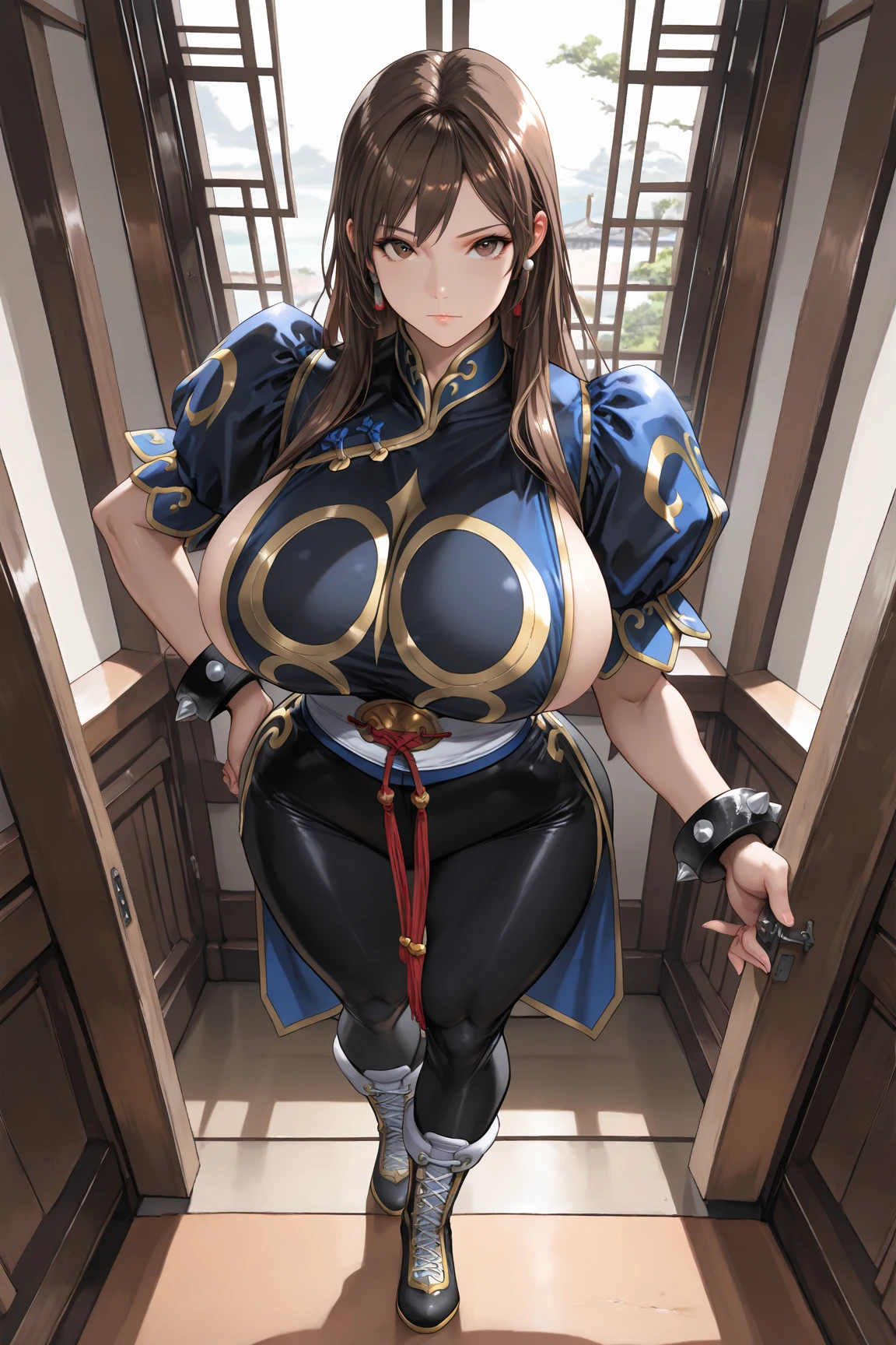 Woman in blue costume sitting on desk, portrait of chun - li, Chun-li, chun - li, chun li, portrait of chun li, chun li at the gym, mei from overwatch, oppai, Chic, very detailed Artgerm, Portrait of May in Overwatch, Seductive Anime Girl, Voluptuous body, curvy body, Tifa Lockhart, Naughty anime style, plus size model, Scruffy body,Erotic manga style body,