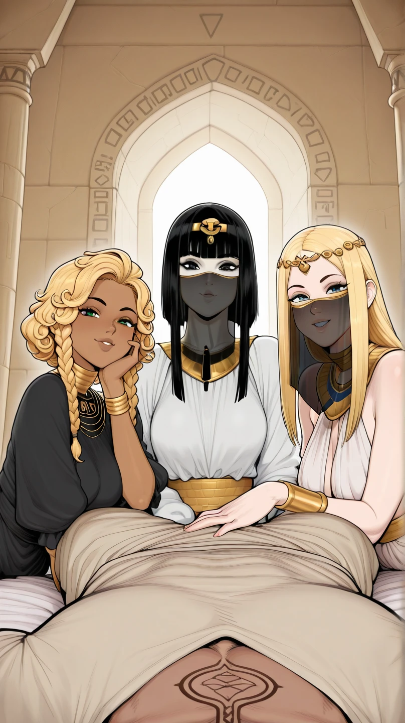 Male pov, fully clothed, lying pov, Having a harem that consist of 3girls milfs on a bed of an ourdoor harem palace, circle around, looking at viewer, happy, caressing them, pov hands, hand on her face, dark skin, pale skin, Egyptian, Greek, asian, goth, face veil, long hair, short hair, curly hair, straight hair, braided hair, braid locks, blonde, tan tattoo, slave tattoo, wide shot, (sfw, safe_for_work),