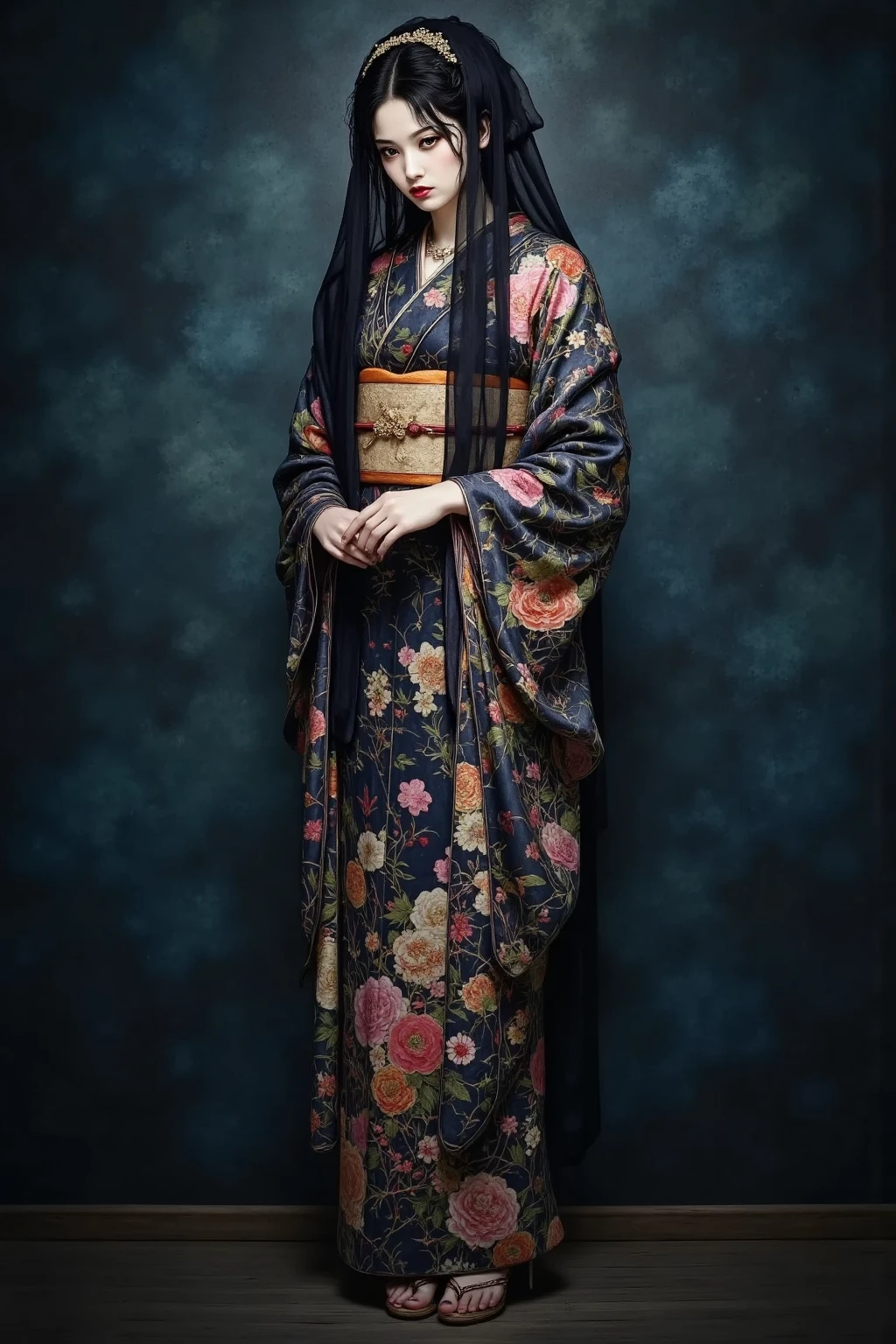 A woman in a kimono with a black veil、dark eyes、black hair、Black and ...