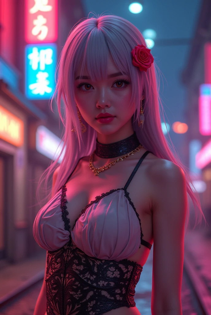 1girl, wearing stylish modern revealing clothing, albino, pink and purple hair , pink rose background, japanese and European, perfect tits, perfect dream face , jacket covering nipples , non revealing , stylish bras, crouching, seductive , red rose Japanese traditional background , passionate tits rubbing, white skin colour, shiny body, feather hairstyle