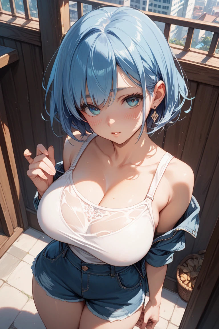 (Masterpiece, BestQuality:1.3), (ultra detailed:1.2), (hyperrealistic:1.3), (RAW photo:1.2), High detail RAW color photo, professional photograph, (Photorealistic:1.4), (realistic:1.4), professional lighting, perfect anatomy, (Big Breasts:1.2), (blush, detailed face), (cheerful Smile:1.5), (Light blue hair:1.5), Trending Hair&Trending Hairカラーをランダムに, earrings, necklace, bracelet, sexly, erotic sexly, Random sexy gravure poses, (A woman wearing a white crop top and denim shorts、She is posing sexy with a happy smile while swinging on a swing in the park.。Long blue hair fluttering in the wind。: 1.3)
