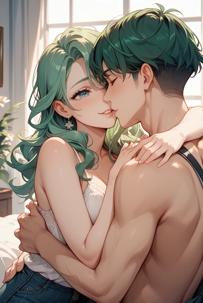 couple with green hair with orange and green eyes that shine with black glasses and tattoos and a beautiful background fanart animation him with a beard kissing