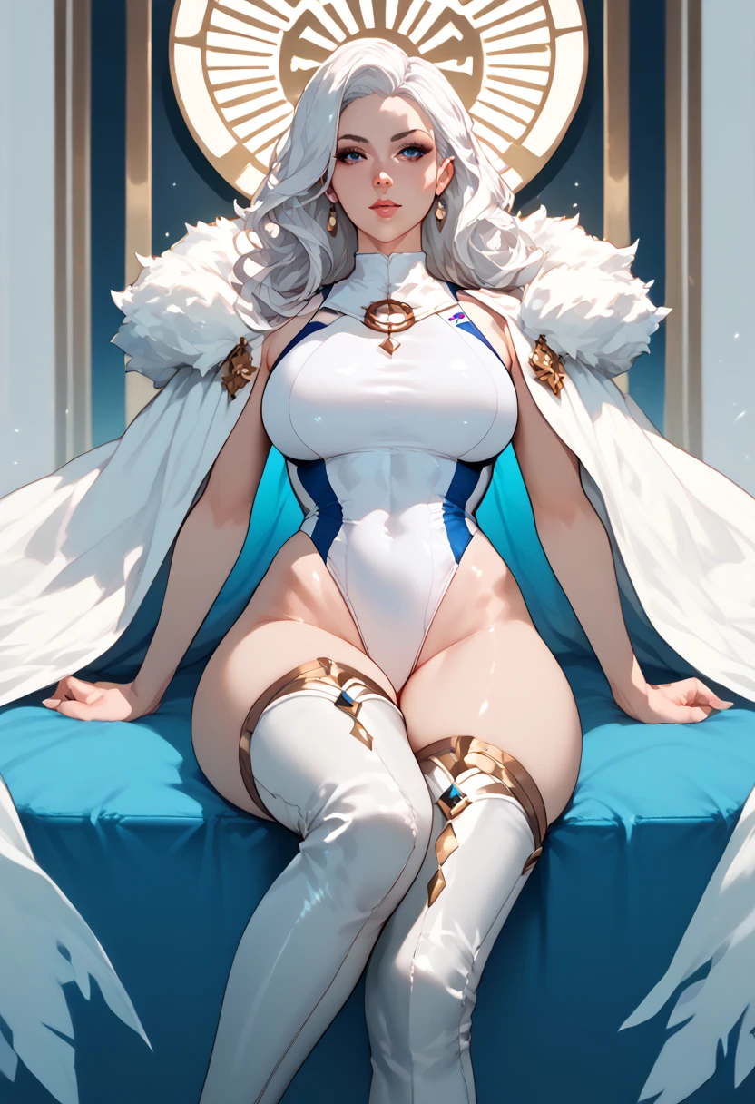 1 girl,mid shot, high quality, insane details, upper body, feet out of screen, breasts, huge breast, butt, huge butt, 8k quality, white background, looking at viewer, thighs, huge tights,white hair, bellybutton, swimsuit, not at the beach, sitting at couch