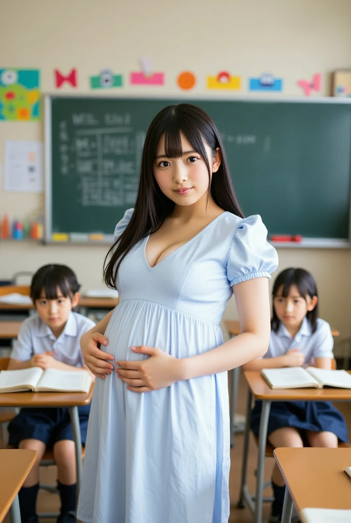 very very big pregnant midriff school blazer woman,belly button, classroom,(group photo,20 people)