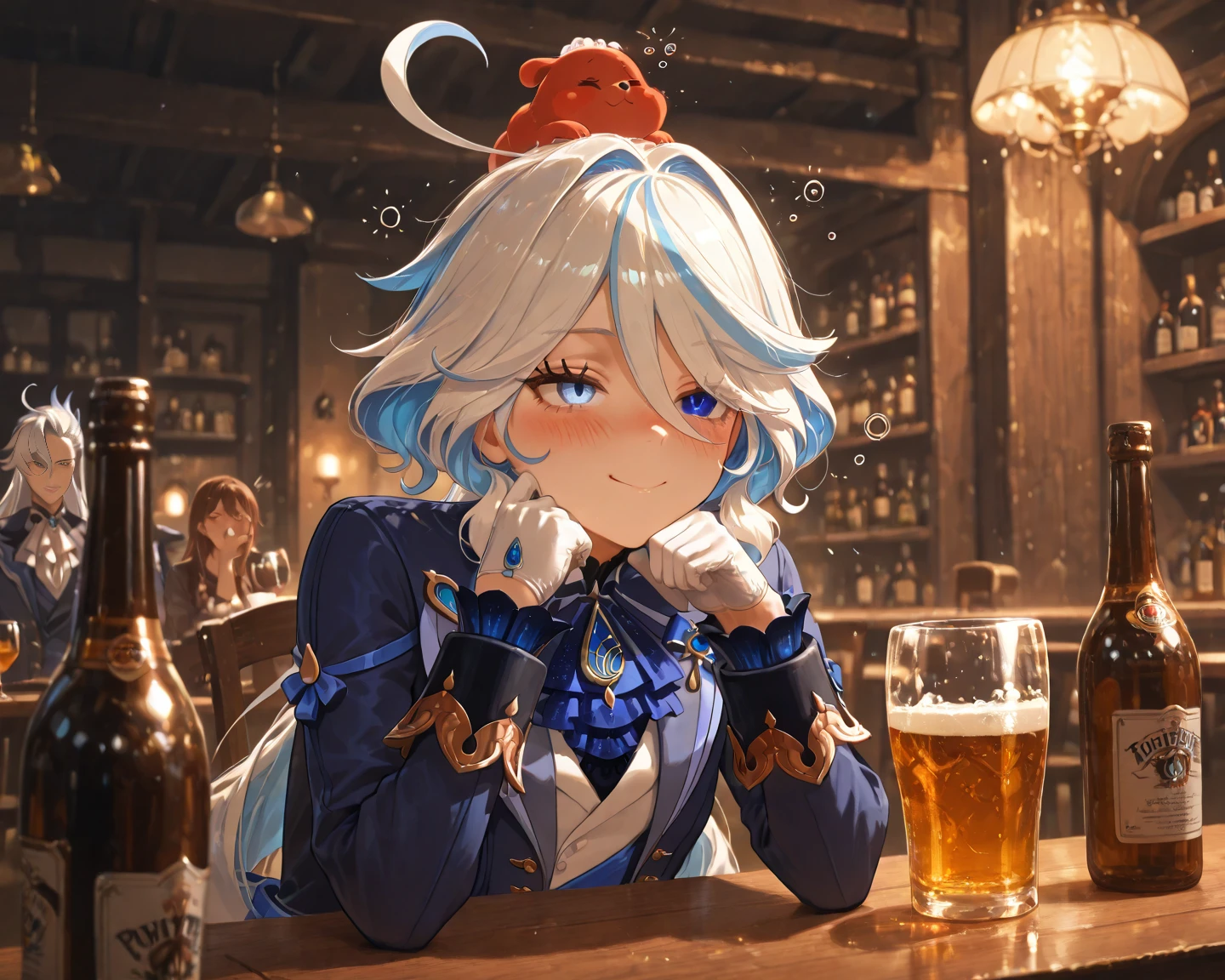 ultra-detailed,(best quality),((masterpiece)),(highres),original,extremely,<lora:shuishenx_xl:1>,funingna, 1girl, blue eyes, hat, solo, wine glass, blush, gloves, drinking glass, looking at viewer, cup, smile, wine, night, book, black gloves, alcohol, long sleeves