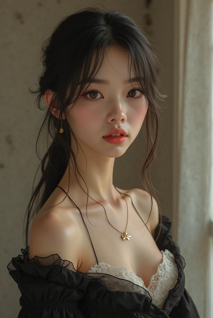 Best quality, masterpiece, ultra high res, (photorealistic:1.4), raw photo, 1girl, off shoulder, cinematic lighting,A beautiful girl,Shoulders exposed skin,Flat Chest,Small breasts,