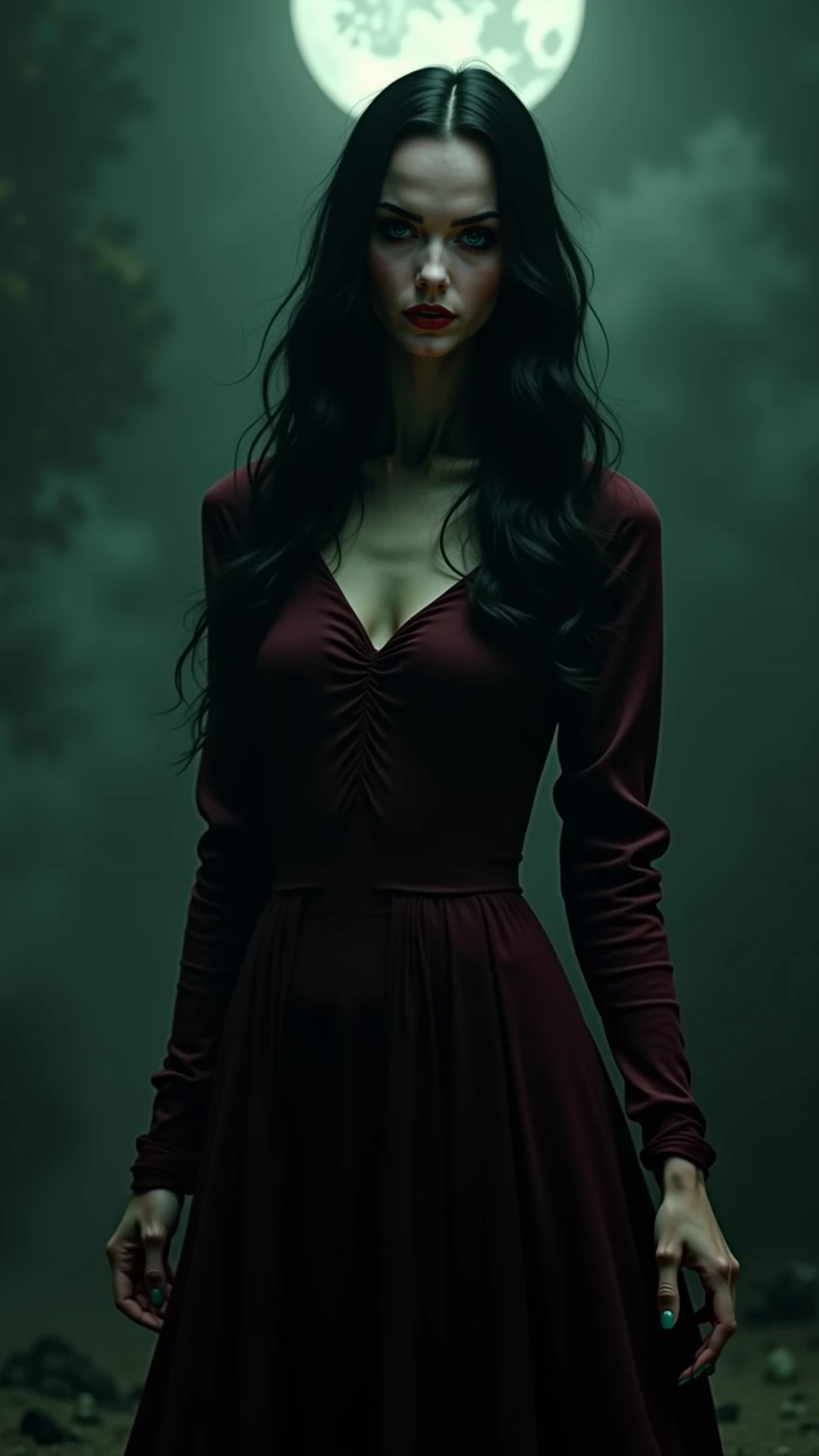Woman in her 40s with very bright white skin ,long black hair , penetrating green eyes , wears red lipstick she is standing in a long black dress