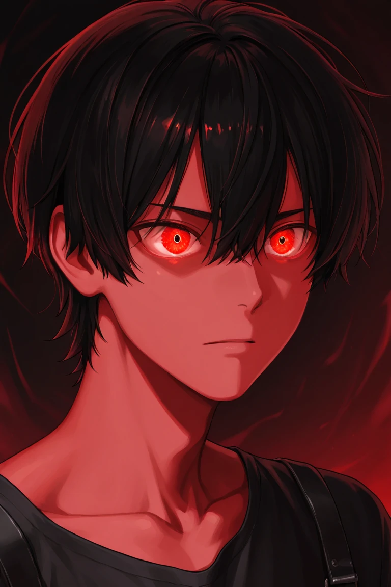 a boy, with black hair, red eyes, an fear in his eyes, with a background scribbled by hand