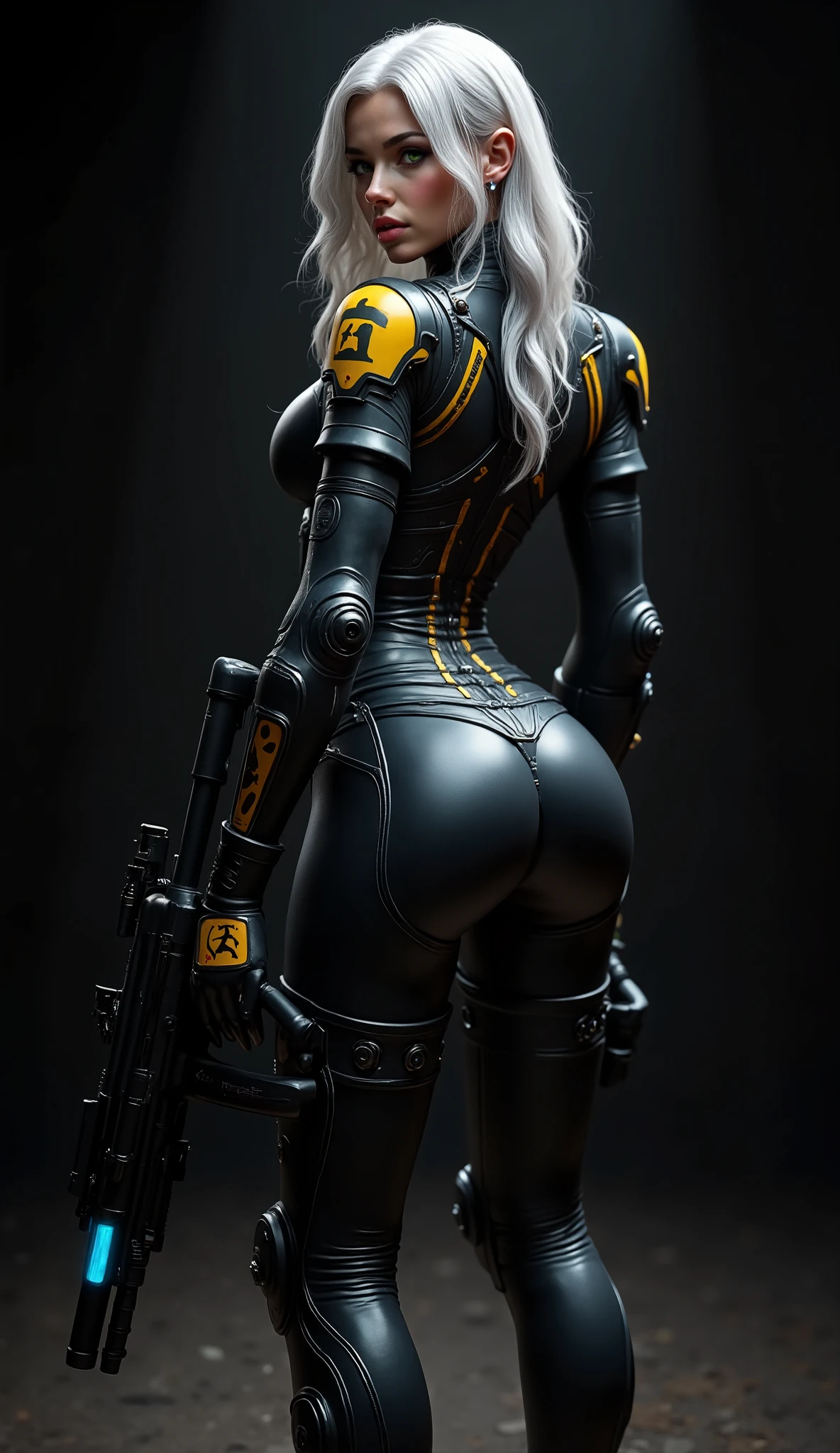 Create a high quality image, (8k, RAW photo, best quality, masterwork: 1.2), London (Azur Lane), fantasy_world, 1 woman, 4k, ray traced, ((artwork, highest quality, A maximum image quality, high resolution, photorealistic, CRU photo, 8k)), (best quality, 4k, high resolution, masterwork: 1.2), ultra detailed, (realistic, photorealistic: 1.37), ray traced, framed image. Full shot with her back to the camera, a beautiful warrior woman looks sideways at the viewer very sensual, very technological, perfect image, 8k, of a woman with white hair, very long wavy hair, her hair falls to her perfect round buttocks, very disheveled, very detailed green eyes, thick wet lips, parted lips, beautiful face, stares at the viewer from the side, sensual, sexy, very detailed eyes, long eyelashes, wearing a heavy combat suit, the woman wears an advanced mechanized jumpsuite, jumpsuite with yellow patterns, symbols of her assault unit engraved on her shoulder protectors, high-tech heavy armor, she carries in her hands an advanced futuristic assault machine gun with silencer and X4 reflex sight, LED ammunition indicator on the machine gun, additional ammunition, extra magazines and grenades, cartridge belts with ammunition, leather straps on her arms, advanced combat metal gloves, advanced mechanized combat jumpsuite Worn, with bumps, scratches and dirt from combat. Advanced technology mechanized combat suit, bluish light indicators on the sides and arm, narrow waist, normal hips, large and perfect ass, the jumpsuite fits her powerful buttocks, shapely legs, black and yellow hydraulic mechanical boots. Black headphones with a microphone on her head. Extremely beautiful and fit woman, with large and saggy breasts, cinematic composition, dark atmosphere, detailed facial features, photorealism, 8k, high quality, masterpiece. Dark scene with pure black background ideal for wallpaper.