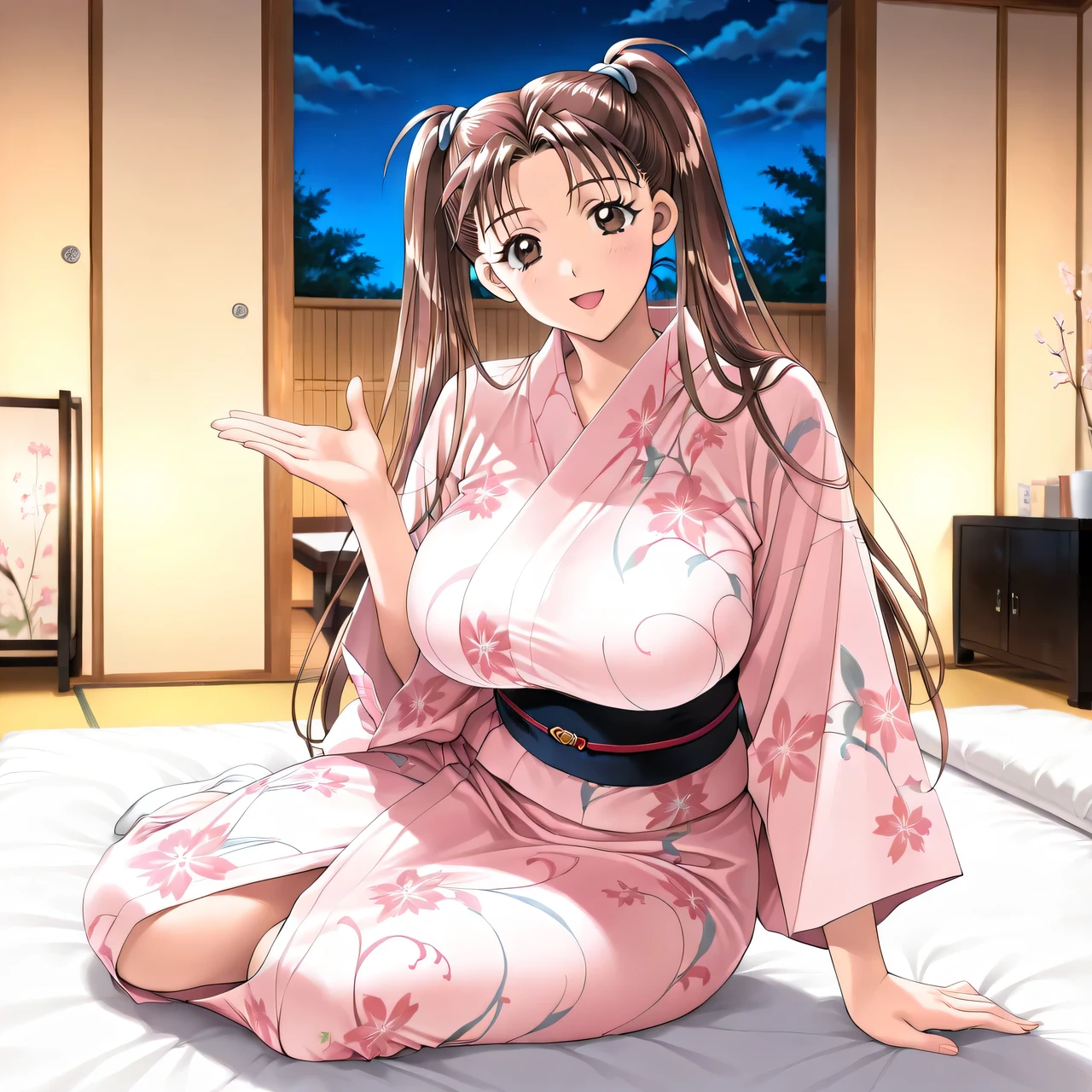 masterpiece, newest, vibrant, very aesthetic, high contrast, mature woman,solo.((KanouRyouko, twintails, brown hair, long hair, brown eyes)),((yukata)), ((Big Breasts:1.4)), viewer, perfect hand in h, Perfect Anatomy,(Sitting on futon), (mischievous smile,Open Mouth),((Japanese Inns,Night Guest Room,Detailed Background)),Highest Quality, semi-realistic, ,kadoi aya style, Fullmetal Alchemist anime style, ((Look viewers)) , clips dialog