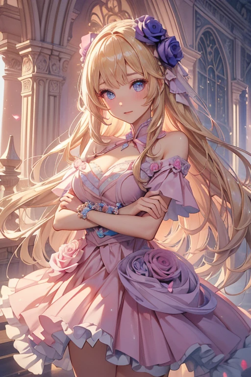 ,Super detailed,Beautiful attention to detail,girl with beautiful eyes, everyone, Beautiful Anime Girls, Cute Anime Girl, Anime Style, Elegant colors, Soft lighting, Delicate and beautiful wet eyes, Very coquettish, (Beautiful big breasts:1.2), (The right move:1.2)(Highest quality)), ((masterpiece)), ((Super detailed)), (Very delicate and beautiful),(Rose fractal art:1.5),Beautiful girl, Fine grain,Abstract and mysterious girl, Long blonde hair,Pink Dress, Dreamy swirls of pastel colors and soft light, Evokes a sense of serene serenity and elusive beauty,Attention to detail,Captivating smile,Imaginative,In a room with flowers,Cowboy Shot、A charming Western alley、Gothic architecture、Western architecture、Fantasy World、
