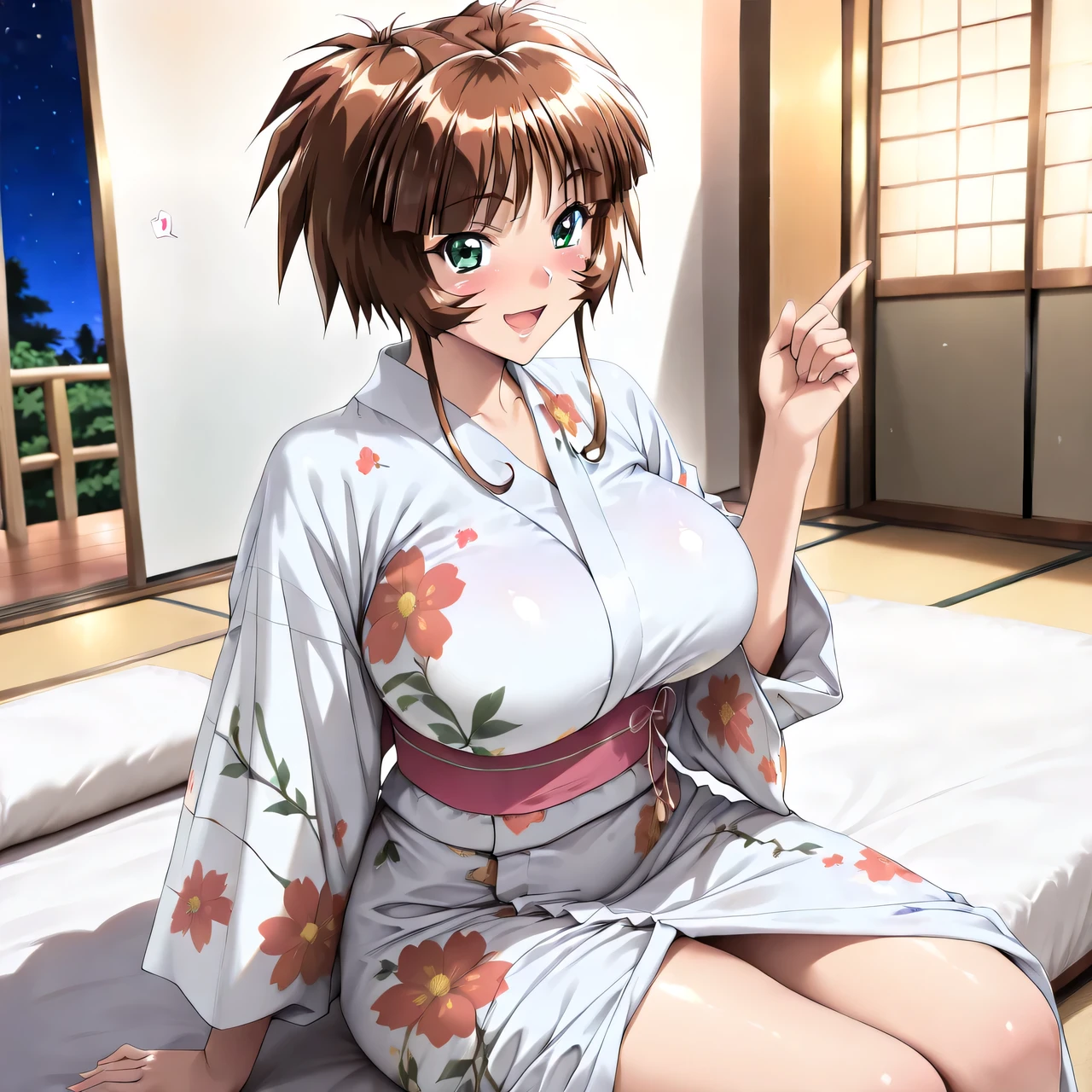 masterpiece, newest, vibrant, very aesthetic, high contrast, mature woman,solo.((Ichimonji_Akane(Tokimeki_Memorial2),1girl, solo, brown hair, green eyes, short hair,bangs, shiny hair, sidelocks)),((yukata)), ((Big Breasts:1.4)), viewer, perfect hand in h, Perfect Anatomy,(Sitting on futon), (mischievous smile,Open Mouth),((Japanese Inns,Night Guest Room,Detailed Background)),,Highest Quality, semi-realistic, Fullmetal Alchemist anime style, ((Look viewers)) , clips dialog