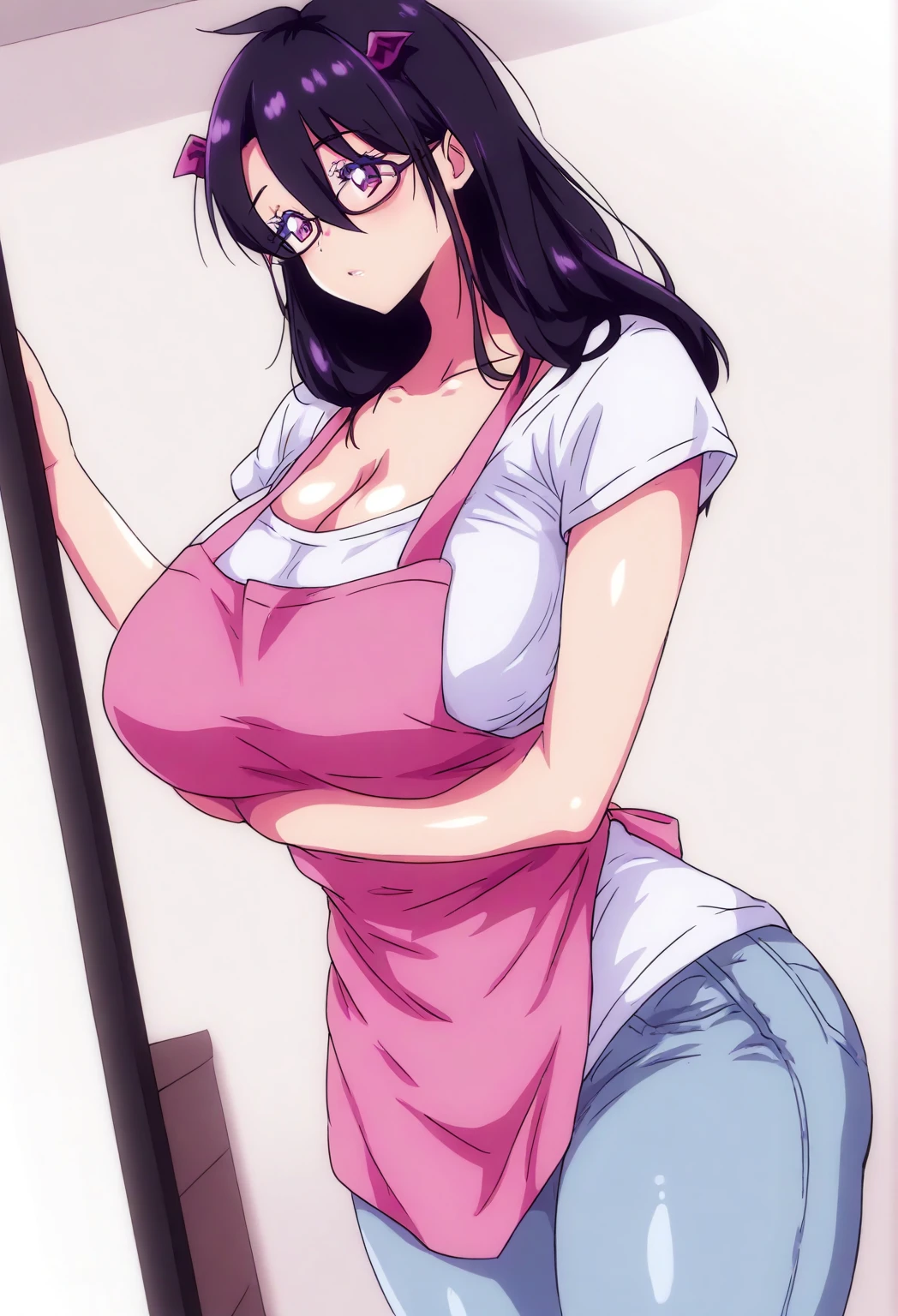 score_9, score_8_up, source_anime Bibl3, cock shock, misato katsuragi, blue hair, purple hair, low_ponytail, brown eyes, hypnotized, offset eyes, huge breasts, heavy breasts, breast expansion, full lips, vivid lips, wide hips, thick thighs, white tank top, pink pajama shorts, cameltoe, viewed from front, doorway of bathroom, girl shocked, innocent expression, raised eyebrows, detailed eyes, detailed face, puckered lips, pretty woman, open mouth