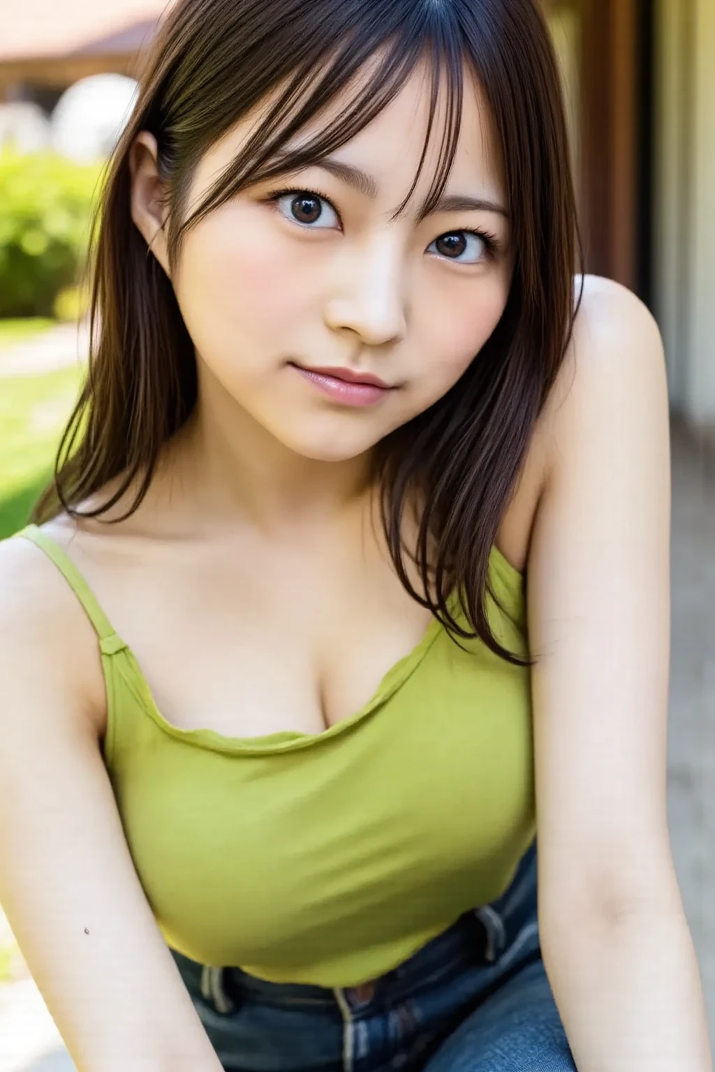 Woman posing on street corner、top-quality、女の子 1 a person、tiny chest、tag、with light glowing、blur backgroun、bokeh dof、outside of house、(Street:0.8)、(a person々、Large crowds:1)、Camisole、denim pant、natural make up、A slender、(Bery short hair、Forehead:1.2)、Beautiful sky with details、耳Nipple Ring、Running、 (The upper part of the body:0.8)、Soft lighting、heavy wind、glowy skin、A slight smil、The gaze that is looking at the viewer、