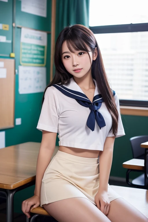 最high quality、high quality、Best image quality、8k、最High resolution、High resolution、最high quality、masterpiece、Detailed and realistic human body、Dense and realistic skin、Realistic face in every detail、Realistic reproduction of every detail、Detailed and realistic lips、Detailed and realistic teeth、Detailed and realistic ears、Detailed and realistic hair、Detailed and realistic arms、Realistic reproduction of every detail、Realistic fingers in every detail、(Beautiful Hands、thumb1reference4)、Realistic feet down to the last detail、(Beautiful Japanese Girl))、(Japanese Model), (Japanese women)、((18 year old beautiful girl))、(Black Hair)、(Random Hairstyles)、(sexy look)、((whole body))、((Beautiful upward-facing breasts))、(Slim Style)、(whole body光沢肌、Fair skin))、School、classroom、lesson、(Soft lighting)、((Sailor suit(Summer clothes))、((Sailor suit(Winter clothes))、((Sailor Skirt))、(White sneakers)、((See-through(クロップトップSailor suitを着用、ミニSailor Skirtを履く))、((Skirt flip))、(Sexy panties visible)、(Lace panties are visible)、((Schoolのclassroomで(Sit on a desk))、((Spread your legs wide(Poses to make your thighs look beautiful))、Close-up from below