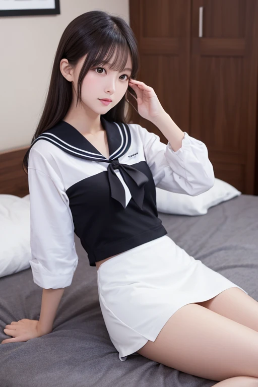 Pieces fly, highest quality, figure, Very detailed, The finer details, High resolution, 8k,wallpaper, Perfect dynamic composition,(Detailed high quality, realistic depiction of eyes:1.3), (collared polo shirt), Pleated skirt, (ponytail)、Black hair color, Big Natural Color Lip, Bold sexy pose, (Perfect figure), Crying a little、Cold Stare, Harajuku Style、20-year-old girl、Cute type、Lolita、Beautiful feet, Hotel Rooms, Gravure idol pose, Voluptuous thighs、((Leg spread:1.5))