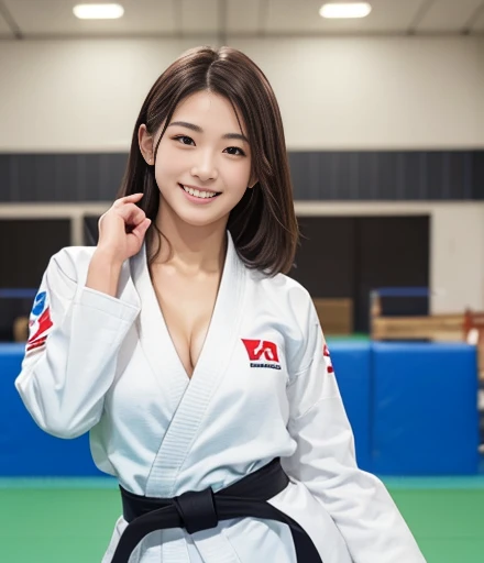 (Best Quality:1.2), Raw photo, High resolution, perfect detail, Professional Photography, Professional Lighting, Sharp Focus, Very beautiful cute woman , Japanese woman, 2, Beautiful detailed face and eyes, Detailed double eyelids, droopping eyes, dark hair, with bangs, ponytail, round face, smiling, (huge breast:1.3), judo player, judo uniform, judo hall (full-body shot:1.3)
