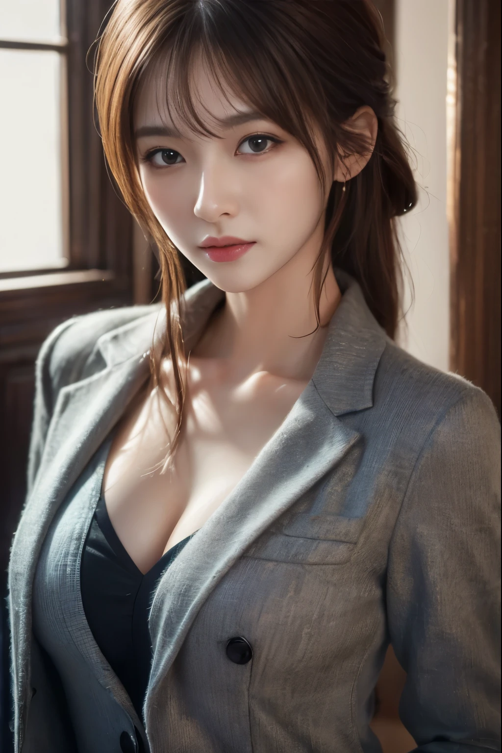 Simple background, (wearing a policewoman uniform and cap: 1.4), good hands, 4k, high resolution, masterpiece, best quality, head: 1.3, ((Hasselblad photography)), fine skin, clear focus, (cinematic lighting), soft lighting, dynamic angle, [:( detailed face: 1.2): 0.2], medium breasts, breasts, (((inside the mansion))), (chest exposed: 1.3), 1 girl, jewelry, earrings, orange_sky, solo, mole, long_hair, mole_under_eye, upper_body, grey_eyes, looking_at_viewer,, Brunet, Fashion, (head tilt: 1.4), Simple background, Red background,
