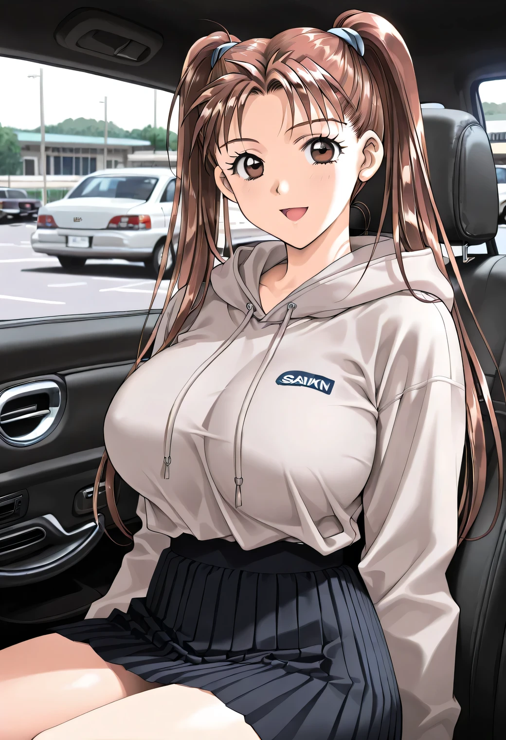 masterpiece, newest, vibrant, very aesthetic, high contrast, mature woman,solo,((KanouRyouko, twintails, brown hair, long hair, brown eyes)),((Light Grey Hoodie,black culotte skirt)), ((Big Breasts:1.4)), (smile,open mouth),((Sedan type,sitting in the back seat of the car,Parking Lot Scenery )),((sidemap)),Highest Quality, semi-realistic, kadoi aya style, Fullmetal Alchemist anime style, ((Look viewers)),clips dialog