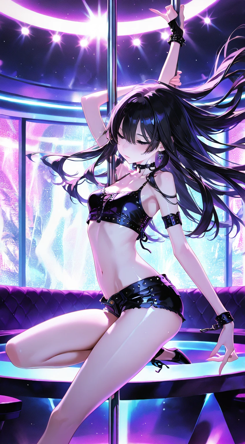 Highest quality,masterpiece,Rock singer,Dark silver hair,Live Stage,Radical Slingshot Swimsuit,Small live music venue,Leg spread