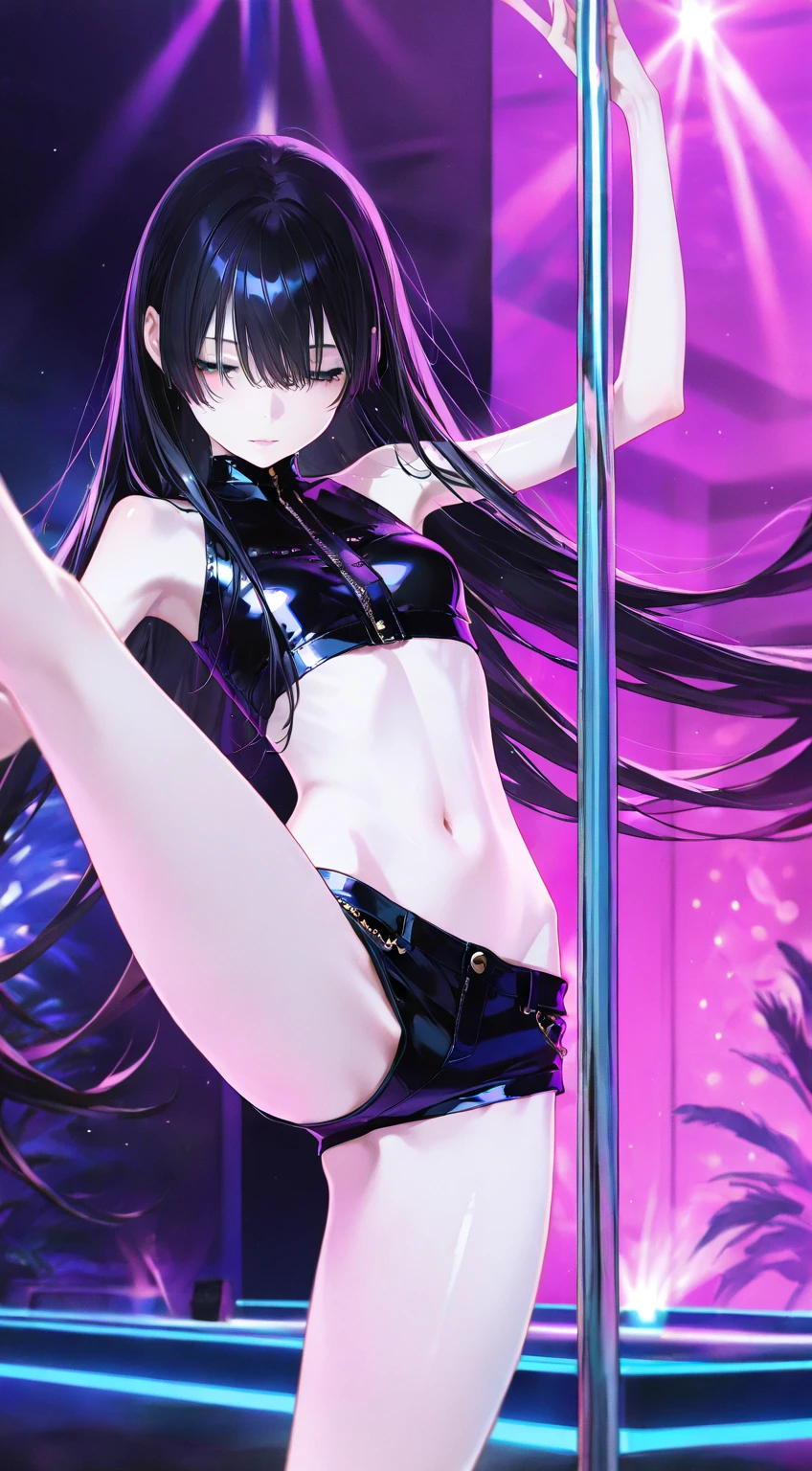 score_9, score_8_up, score_7_up, score_6_up, score_5_up, score_4_up, Misato Katsuragi, Ultra-realism, cyber punk, 16K, Super Resolution, Pole dancer, blue eyes, Dazzling neon lights, Night stage, Luxury nightclubs, Very detailed, High resolution, High resolutionR, High resolution, UHigh resolution, Professional work, Black light, Do pole dancing, Stick to the pole, Fascinating, Fascinating, A stage that combines Moulin Rouge and burlesque
