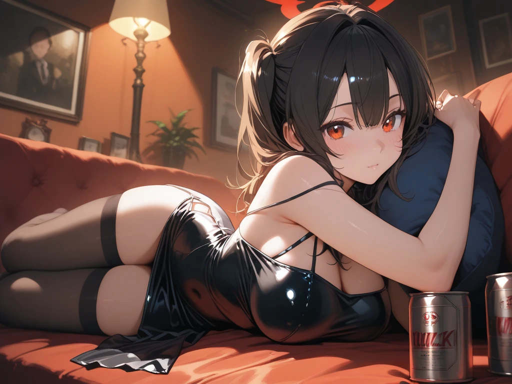(Masterpiece), ((best quality)), 1girl, (laying down), (black dress), corset, black hair, (high pigtails), long hair, cat ears, pink eyes, smirk, ((big breasts)), ((wide hips)), sunset