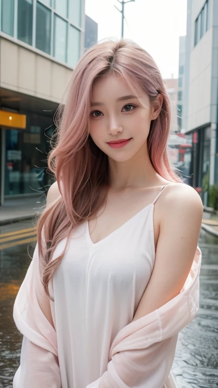 1 Girl, Beautiful, Baby Face, 20 Years Old, White Skin, Cleavage, Sleeveless Strapless Home Wife Outfit, ((muscles:1.3)), Outdoor, Pink Longest Hair, Laughing, Tighten Breast Arms, She Love Pink Colour, Everything Pink , Saturated Pinky