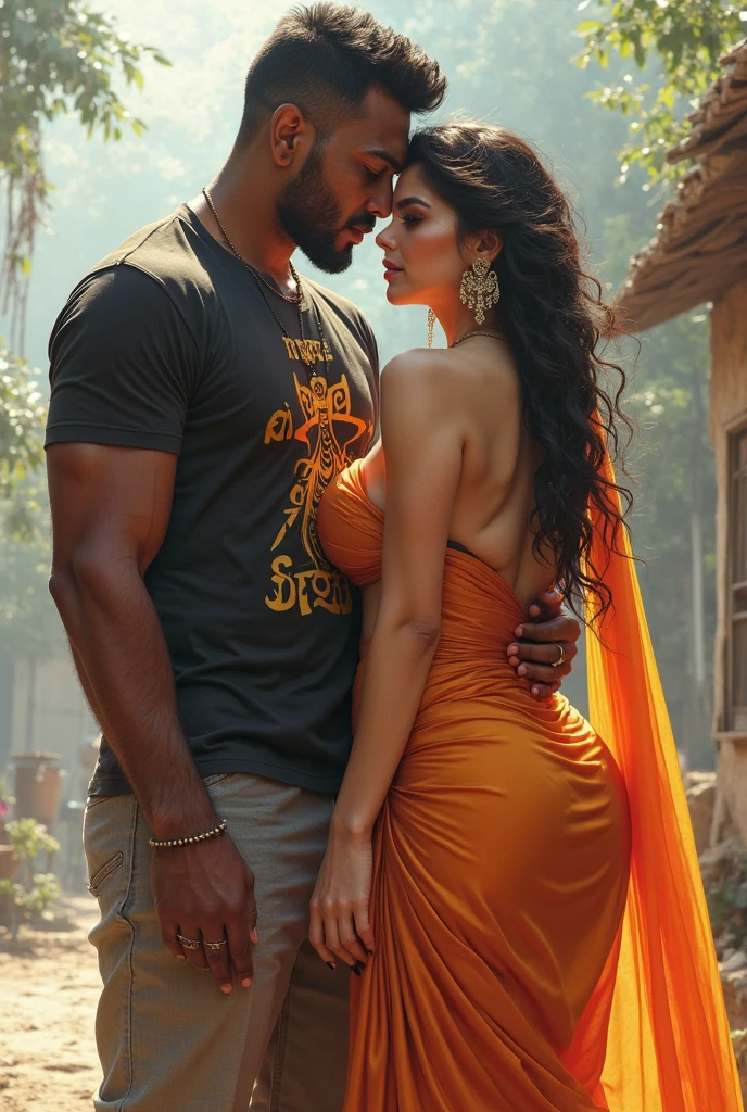 Create a realistic photograph of a smiling and beautiful indian actress in red satin carrying a large stout man on her shoulders in a room, man is sitting on top of her shoulders , man on top, woman standing at bottom , she is wearing black gloves 