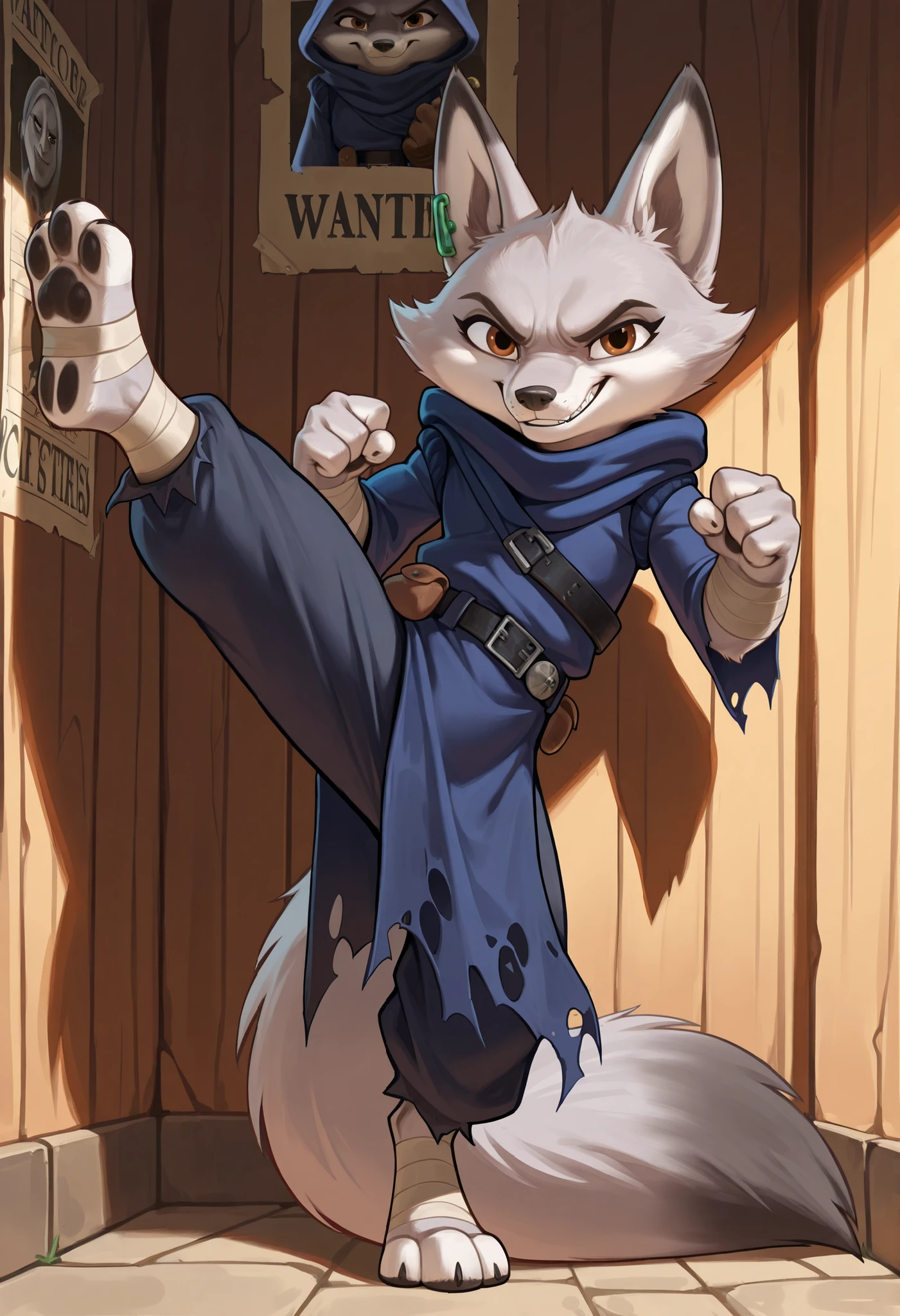 score_9, score_8_up, score_7_up, source_furry, best quality, amazing quality, detailed background, masterpiece, 1girl, looking at viewer, solo, ((hooded blue tunic, baggy trousers, gray bandages, torn clothes, black belt)), zhen, fox girl, fox ears,brown eyes, two tone body fur, gray body fur, white body fur, fox tail, jade earring, huge filesize, full body, feets with three toes, short body, navel, wall with wanted posters on background, fight pose, kung fu fighter, angry, smile, Kick, one leg up,