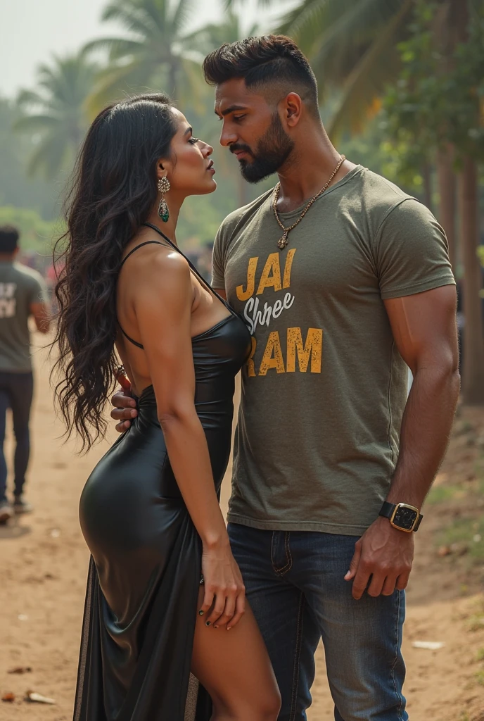 A Masculer body man,hairy chest,wearing Gym uniform,training young slim woman, wearing athletic wear,sindoor mangalsotra,lifting chest weight,smilling