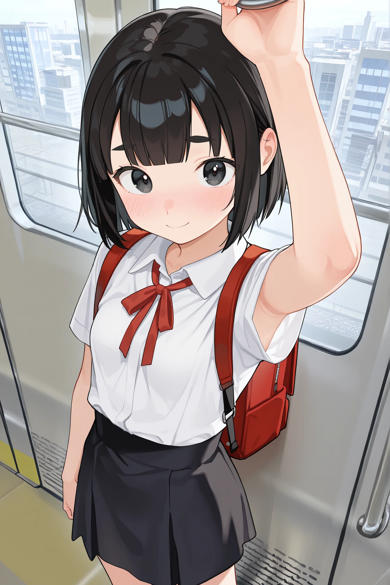 cute girl, schoolgirl, small girl, short girl, tween, ((solo)), ((1girl)), ((alone)), black skirt, (a-line skirt, flared skirt, suspenders), collared shirt, short sleeves, red ribbon, red backpack, (small breasts), skinny, black hair, bob cut, blunt bangs, black eyes, thick eyebrows, standing, contrapposto, looking at viewer, shy smile, blushing, one arm up, holding hand grip, arm at side, train interior, from above, pov, indoors, city outside window, (masterpiece), (best quality), (amazing quality), (perfect eyes), (perfect hands), (absurdres), ((perfect face)), ((beautiful face)), (very aesthetic),