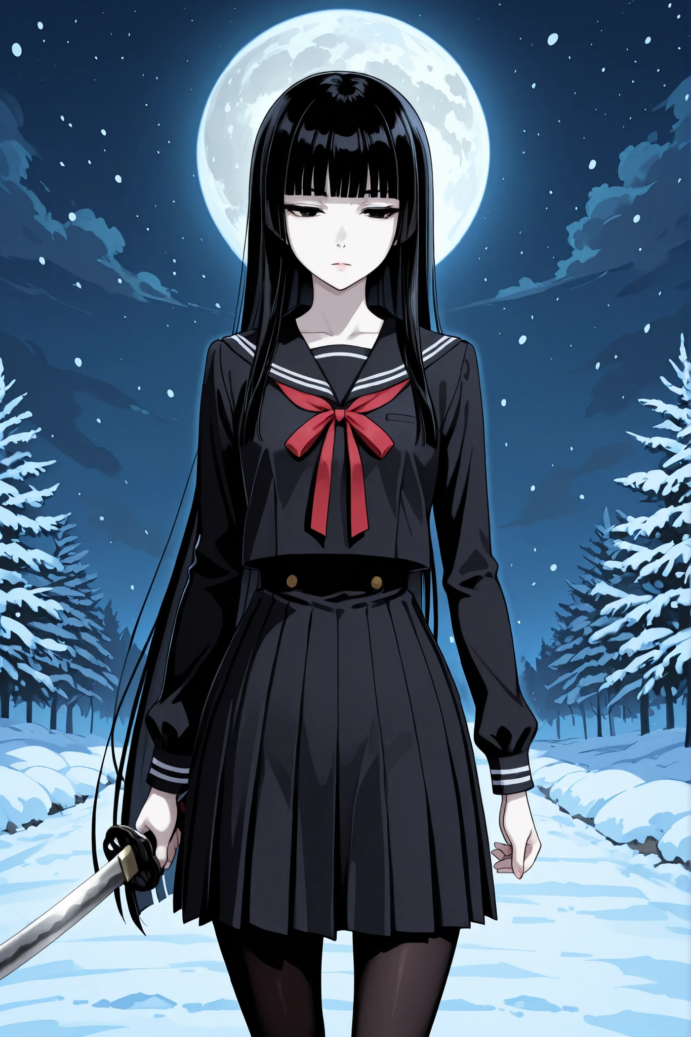 1 girl, beautiful girl,adult,18 years old,black eyes,narrow eyes,black hair, very long hair,blunt bangs,skinny,masterpiece,general,highres, ultra-detailed,very aesthetic,best quality ,best hands,best eyes,perfect anatomy,anime coloring,easynegative,black long-sleeve sailor uniform with red ribbon,black sailor suit, long sleeves,black tights, anime style,white skin,whole body,standing,night,moon,snow,hold up a katana,